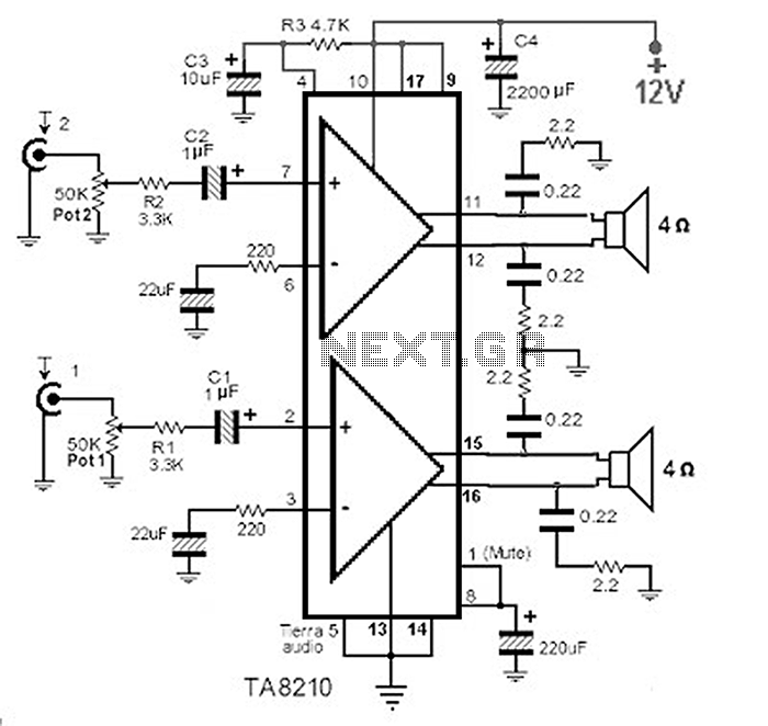 TA8210AH - 2 x 22W BTL Car Amplifier Circuit – Circuit Schematic