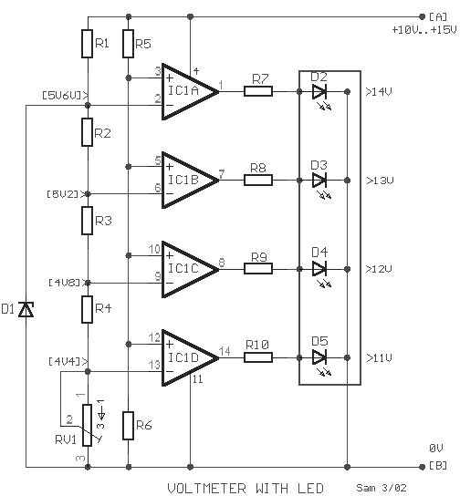 Voltmeter with LED for car battery PCB – Circuit Schematic