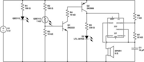 transistors IR Emitter/Detector with 555 timer alarm – Circuit Schematic