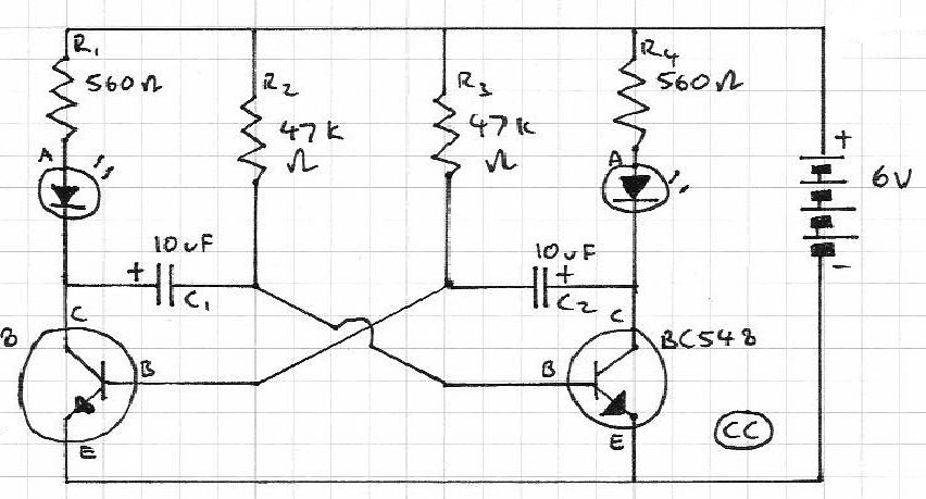 How does an astable multivibrator LED blinking circuit work circuit