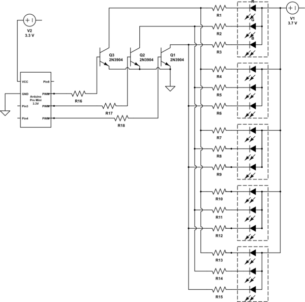 arduino leds in parallel switched with NPN transistors circuit