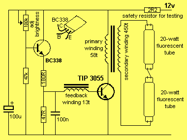 12 Volt Fluorescent inverter for 20 - 40 Watt tubes circuit