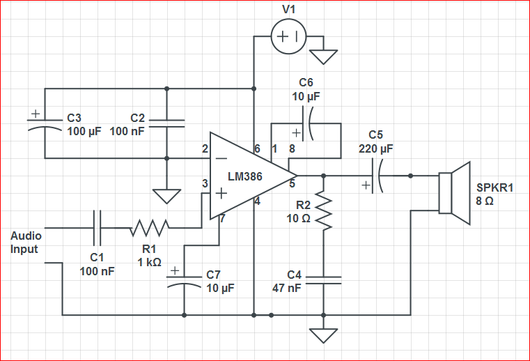noise LM386 audio amplifier not amplifying – Circuit Schematic
