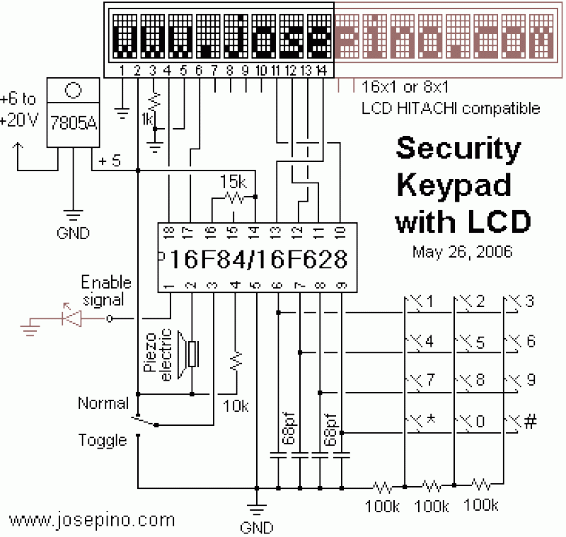 Security Lock with keypad and LCD (PIC16F84A) – Circuit Schematic