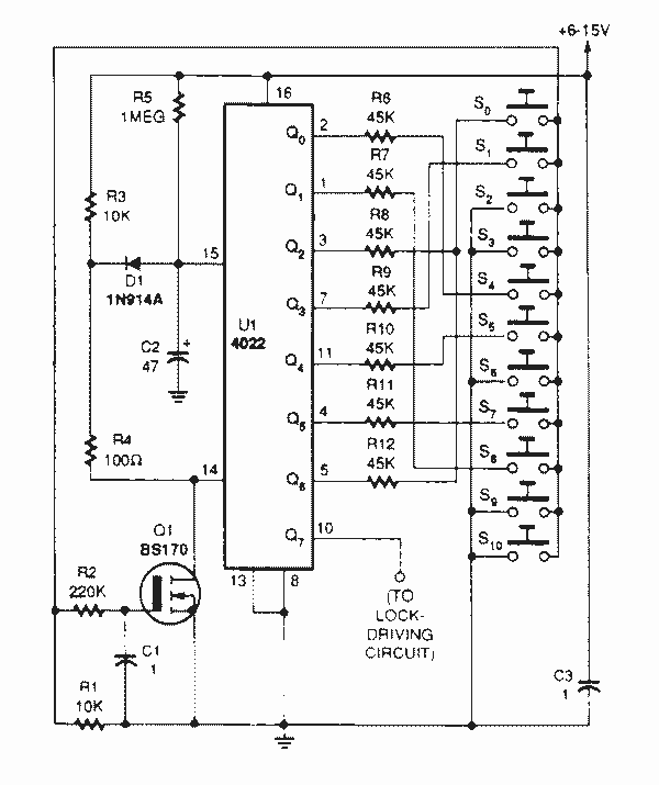 Electronic lock using the 4022 octal counter circuit