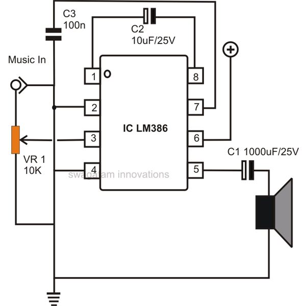 simple example circuits for the lm386 ic audio amplifier – Circuit Schematic