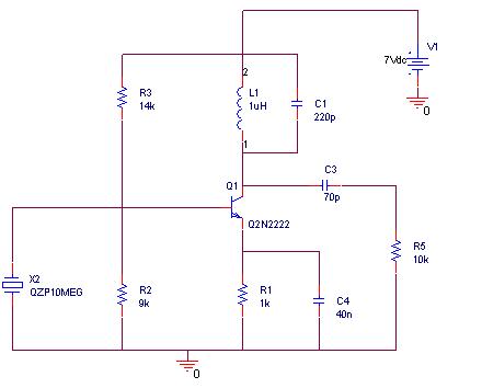 27MHz crystal oscillator transmitter simulation in PSPICE – Circuit Schematic
