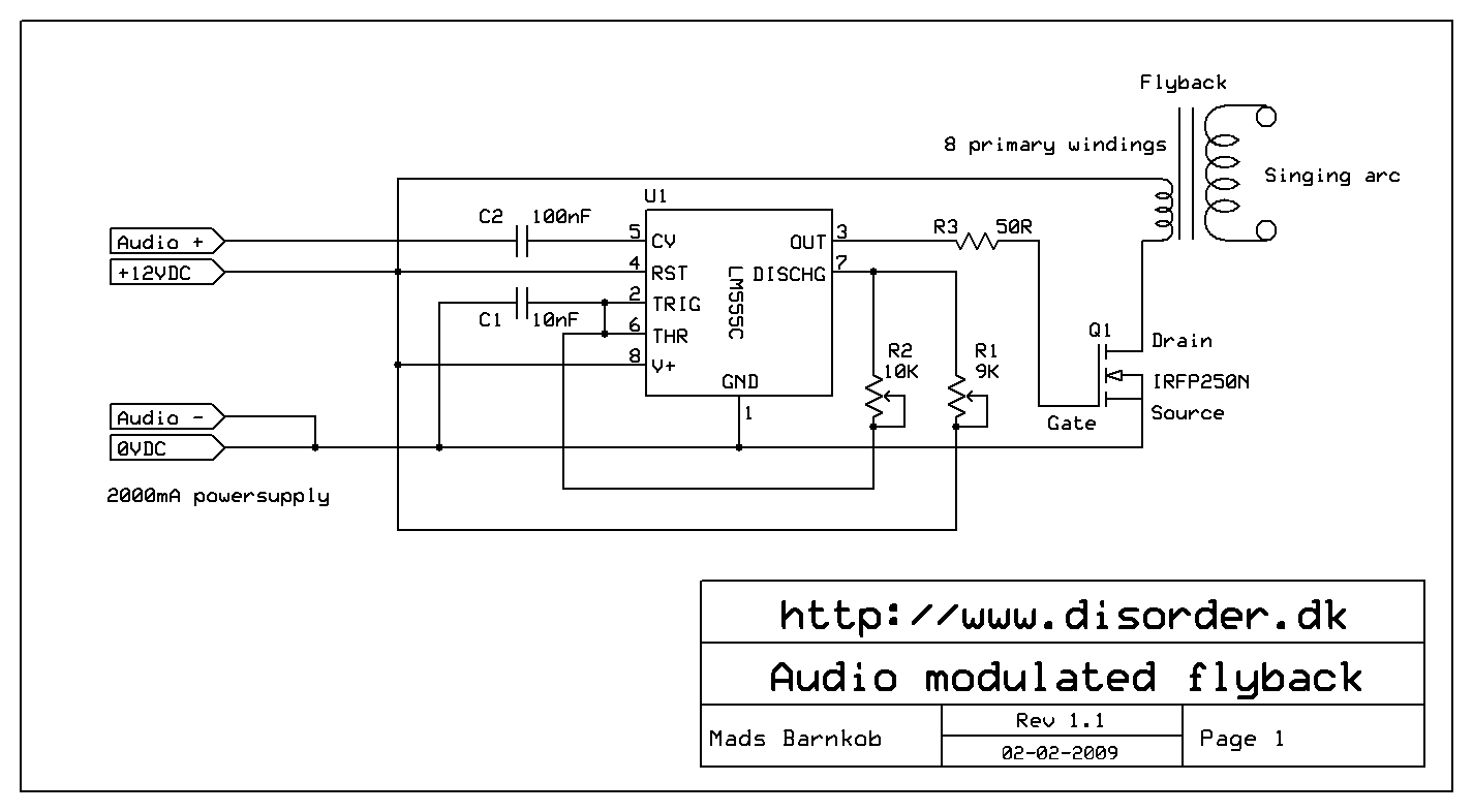 high voltage 555 audio modulated flyback – Circuit Schematic
