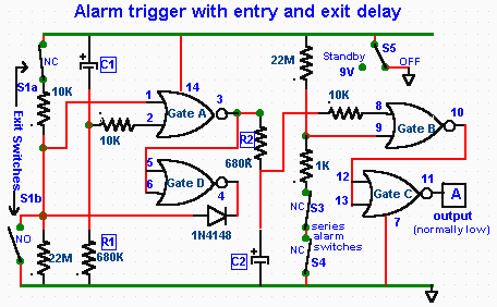 Circuit diagram for basic alarm with delayed trigger – Circuit Schematic
