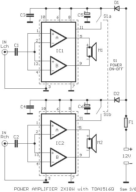 Audio amplifier 2X18W circuit