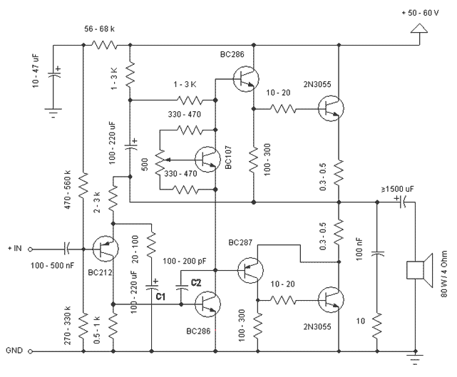 60W audio amplifier 2N3055 circuit