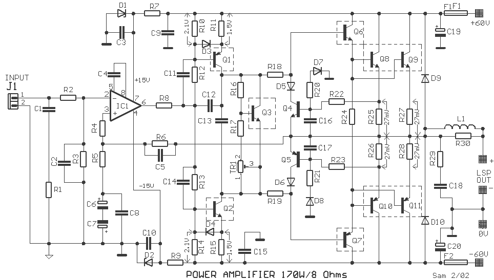 170 Watt audio amplifier circuit