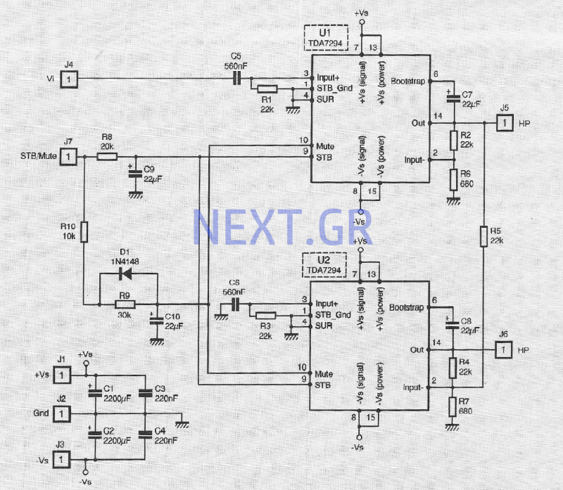 Power Audio Amplifier DMOS 2x100W using two TDA2794 circuit
