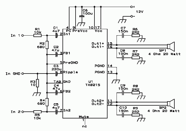 4x15Watt 12volt power audio amplifier circuit