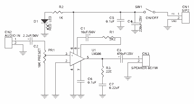 Basic LM386 audio amplifier schematic circuit