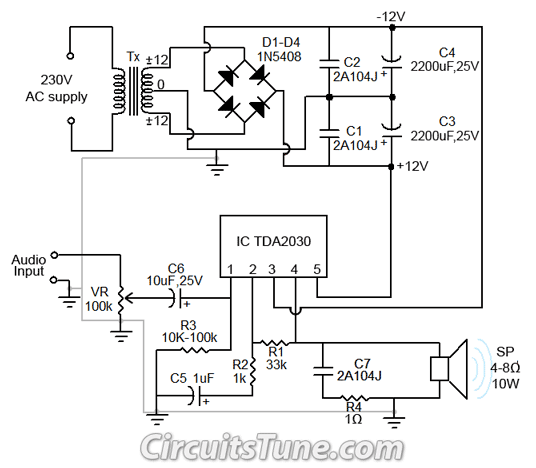 10W audio amplifier circuit by TDA2030 circuit