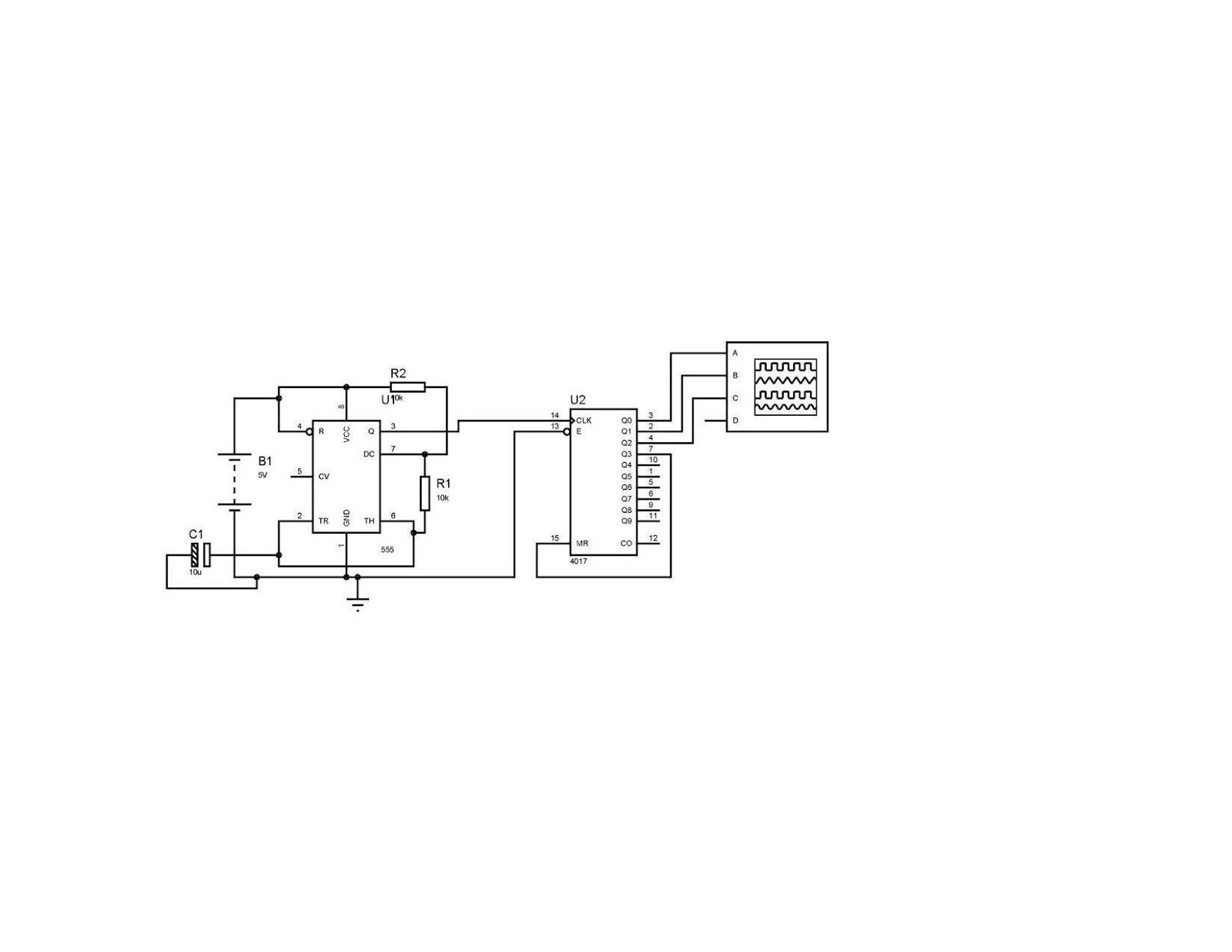 3 Phase square wave generator using 555 and 4017 – Circuit Schematic