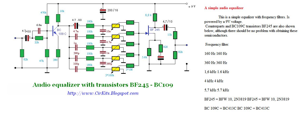Audio equalizer with transistors BF245 - BC109 – Circuit Schematic