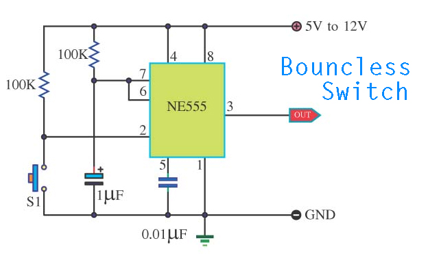 Bouncless Switch with NE555 Schematic Diagram – Circuit Schematic