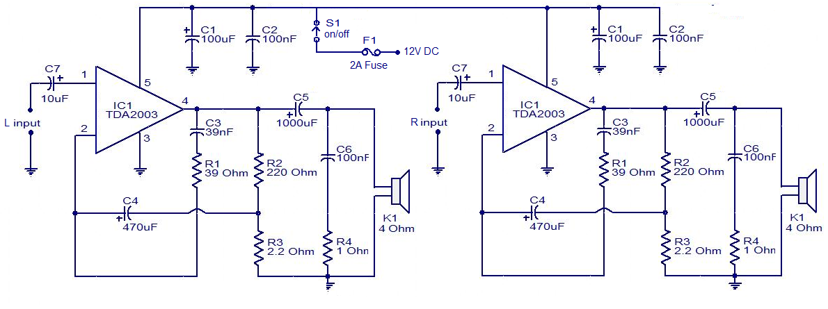 car audio amplifier using tda2003 ic – Circuit Schematic