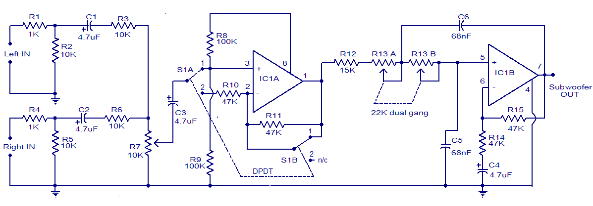car subwoofer filter using op – Circuit Schematic