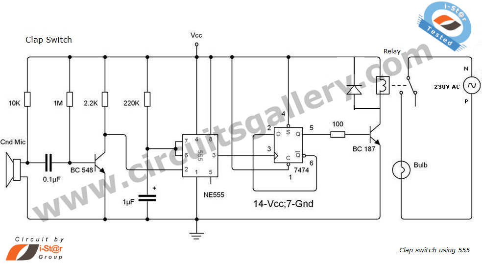 Clap Switch Circuit using NE555 timer IC circuit