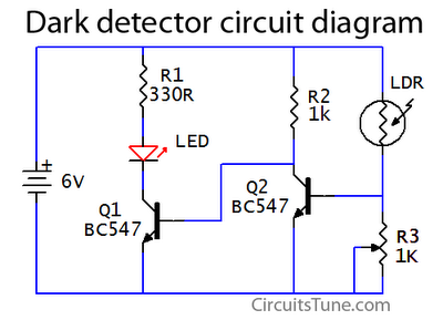Dark detector circuit using LDR LED circuit