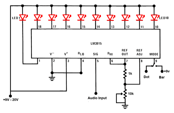 LED Sound level display circuit by using IC LM3915 – Circuit Schematic