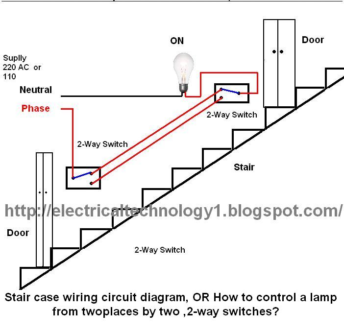 Stair case OR How to control a lamp from two different places by two 2-way switches