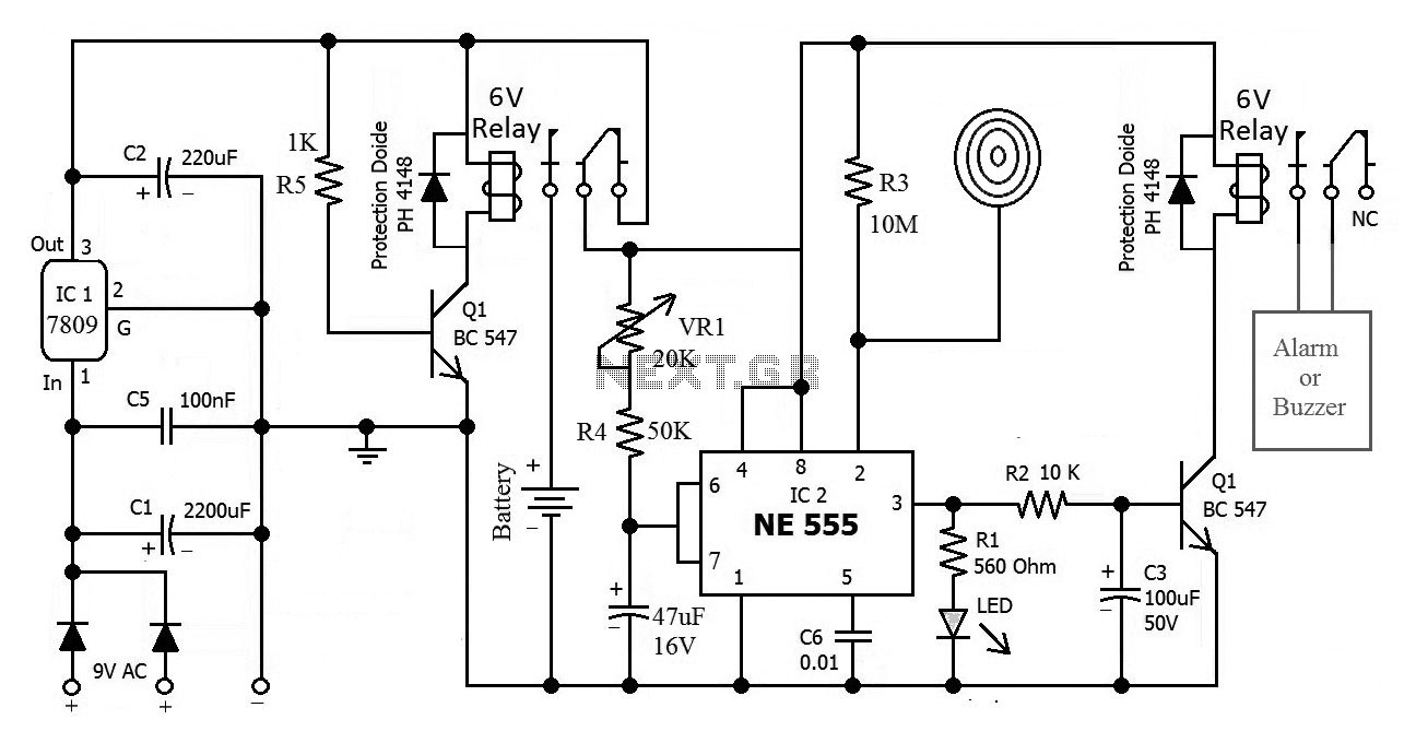 555 timer touch activated alarm circuit – Circuit Schematic