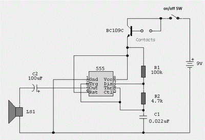 water activated alarm using ic 555 – Circuit Schematic