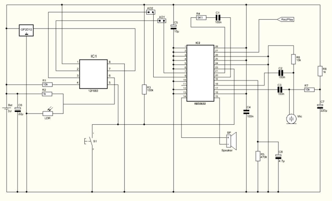 Halloween game with moving sensor (12F683) – Circuit Schematic