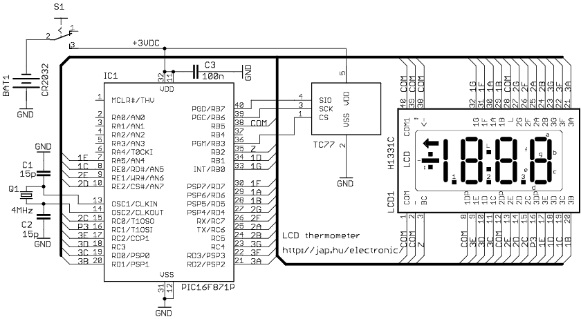 Digital LCD thermometer ( PIC16F871 ) – Circuit Schematic