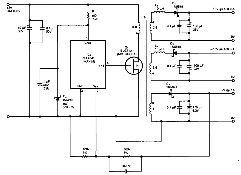 bipolar 15 v and 5v from car battery supply
