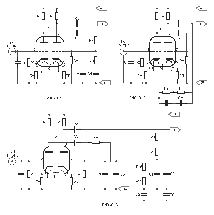Three ECC83-Based Tube Phono Preamplifier Circuits circuit