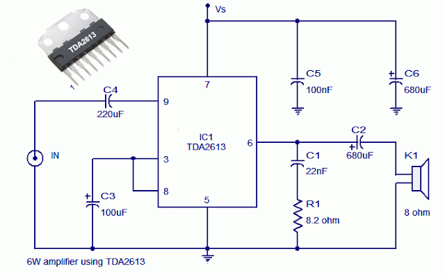 6 Watt Hi Fi Audio Amplifier Using TDA2613 circuit