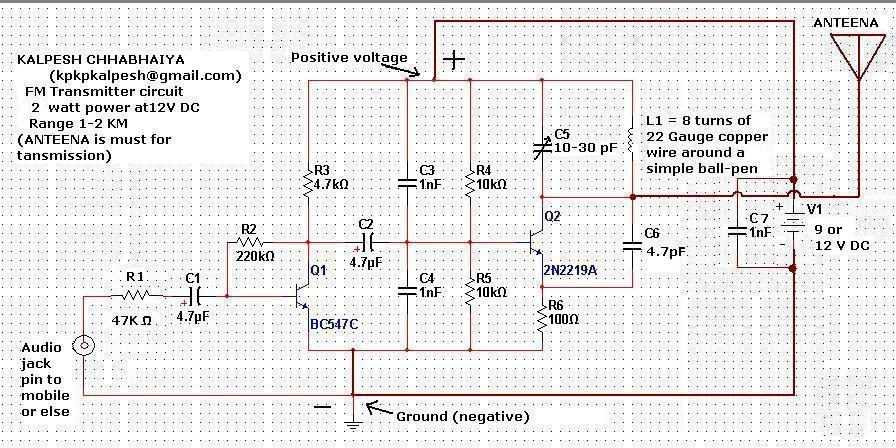 Simple Long Range FM Transmitter with 2 Watt Power and 1-2 KM Range circuit