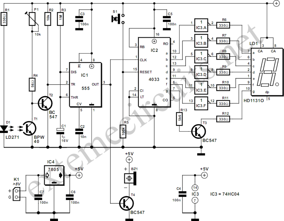 Light Gate With Counter Using 555 And 4033 circuit