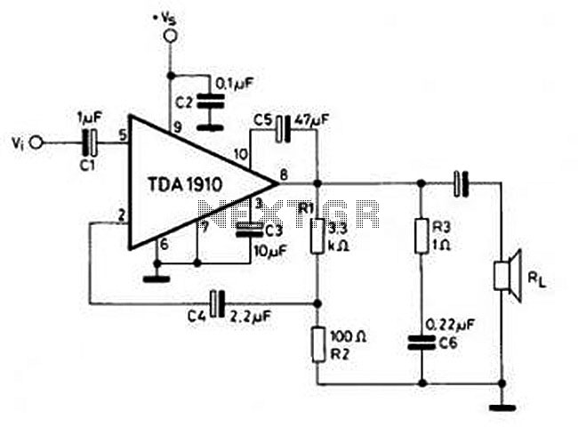 10W Audio Amplifier circuit based on TDA1910 circuit
