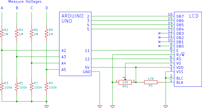 arduino 4 channel LCD voltmeter – Circuit Schematic