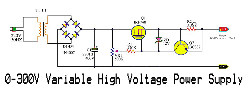 Light circuit diagram 0-300V Variable High Voltage Power Supply circuit