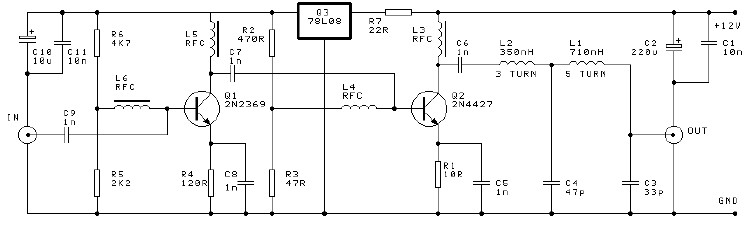 Schematic Diagram 250mW 16-dB VHF amplifier circuit