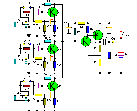 3 channel Transistor Audio Mixer circuit