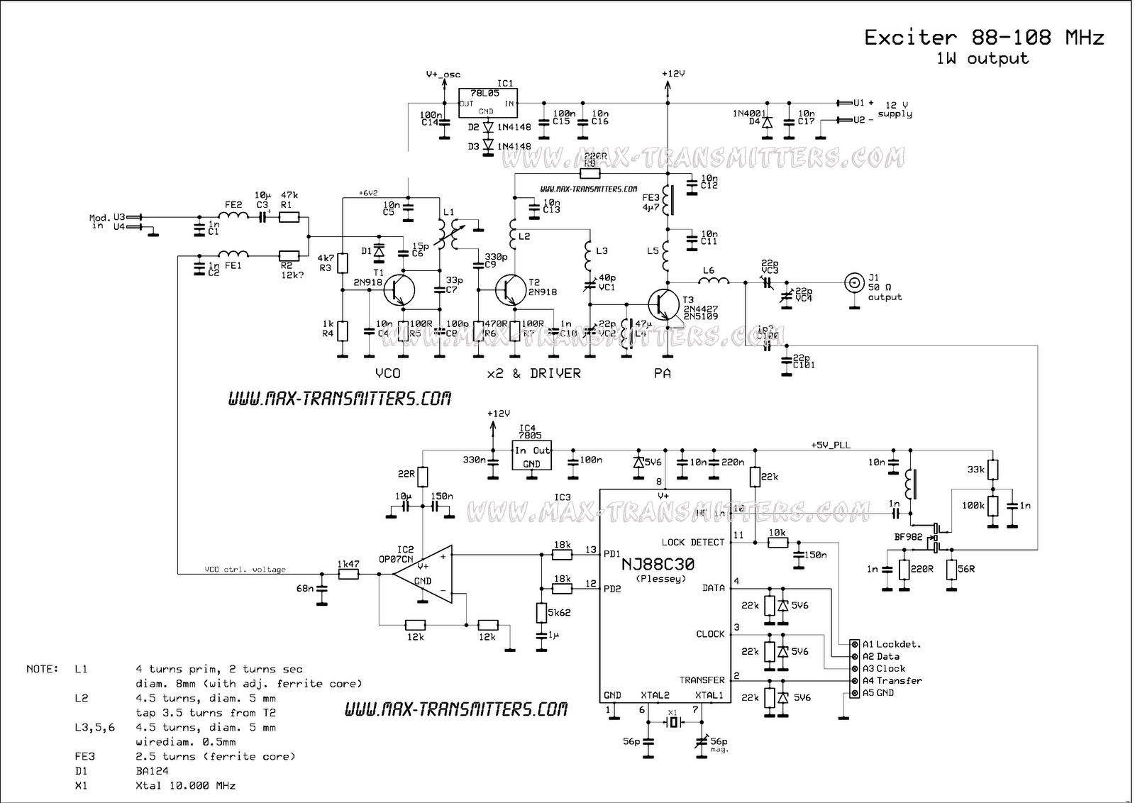1W PLL FM transmitter schematic circuit