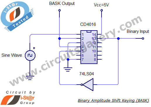 Binary Amplitude Shift Keying (BASK) or On Off Keying (OOK) Practical Circuit using CD 4016 – Circuit Schematic