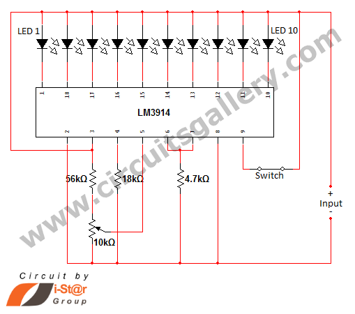 LED dot display based Battery charge level indicator circuit diagram circuit