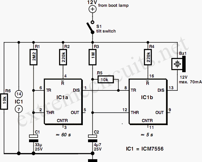 Car Boot Lamp Warning (ICM7556) – Circuit Schematic