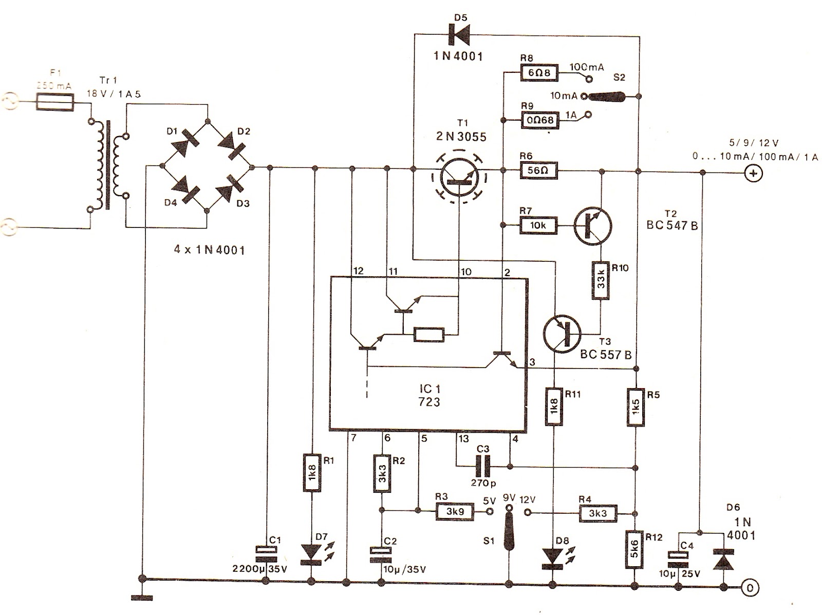 IC 723 Power Supply Circuit with Current Indicator – Circuit Schematic