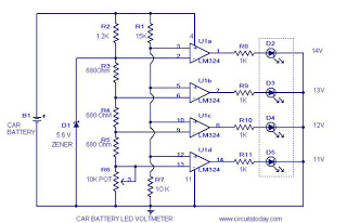 LED Volt Meter Circuit LM324 – Circuit Schematic