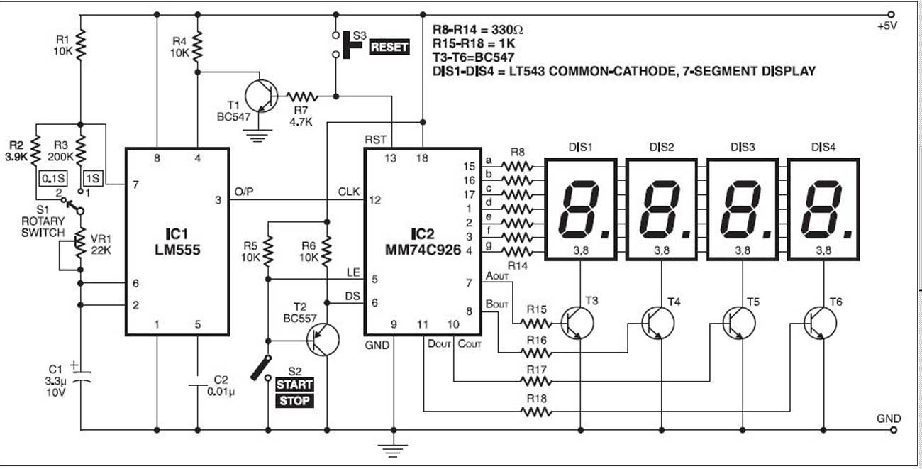 Digital Stopwatch With 7-segment Schematic circuit